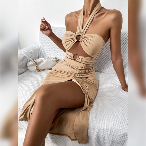 1306c268-1a6a-46de-a440-d364389ce90c Drawstring sexy halter halter pleated dress