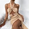 177a2061-b45d-4aa4-bb19-4156e42c2f41 Drawstring sexy halter halter pleated dress