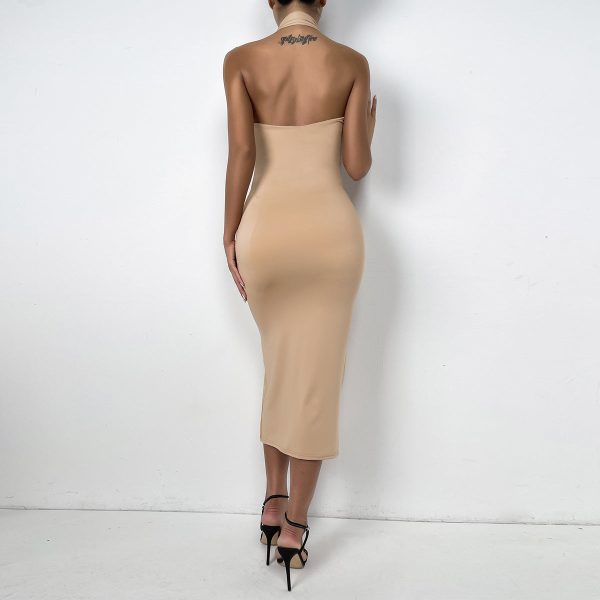 68b82a53-879b-475a-b87d-3cd87e306850 Drawstring sexy halter halter pleated dress