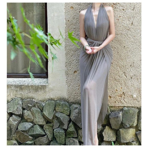 7af8e4a1-6a5a-45ad-bc34-674d1e0b65af Women's Chiffon V-neck Halter Dress